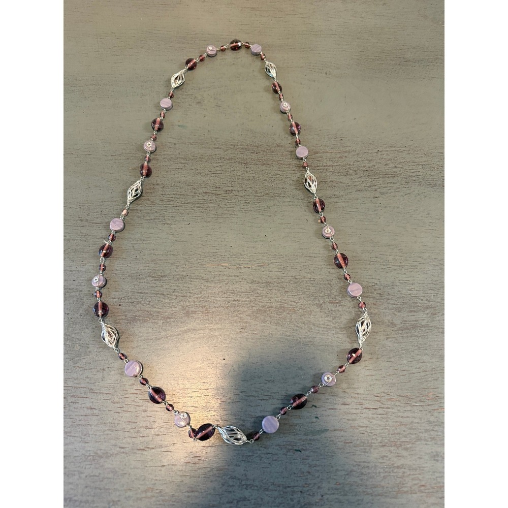 vintage Long Purple Glass Beaded Station Necklace Silver Tone Filigree  46 Inch